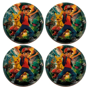 Ash Ketchum & Pikachu, ΣΕΤ x4 Σουβέρ ξύλινα στρογγυλά plywood (9cm)