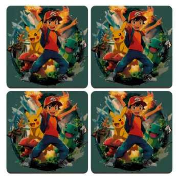 Ash Ketchum & Pikachu, ΣΕΤ x4 Σουβέρ ξύλινα τετράγωνα plywood (9cm)
