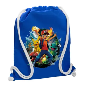 Ash Ketchum & Pikachu, Backpack pouch GYMBAG Blue, with pocket (40x48cm) & thick cords