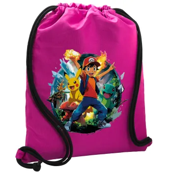 Ash Ketchum & Pikachu, Backpack pouch GYMBAG Fuchsia, with pocket (40x48cm) & thick cords