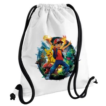 Ash Ketchum & Pikachu, Backpack pouch GYMBAG white, with pocket (40x48cm) & thick cords