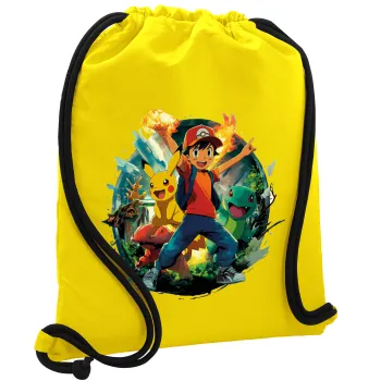 Ash Ketchum & Pikachu, Τσάντα πλάτης πουγκί GYMBAG Κίτρινη, με τσέπη (40x48cm) & χονδρά κορδόνια