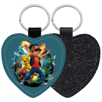 Ash Ketchum & Pikachu, Μπρελόκ PU δερμάτινο glitter καρδιά ΜΑΥΡΟ