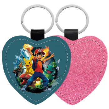 Ash Ketchum & Pikachu, Μπρελόκ PU δερμάτινο glitter καρδιά ΡΟΖ