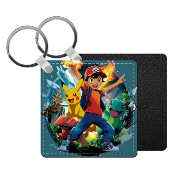 Ash Ketchum & Pikachu, Μπρελόκ Δερματίνη, τετράγωνο ΜΑΥΡΟ (5x5cm)