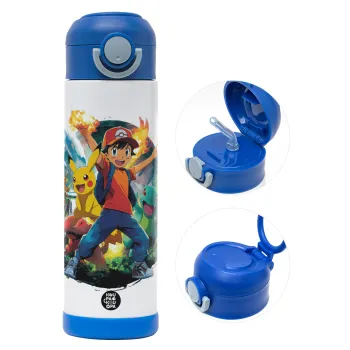 Ash Ketchum & Pikachu, Παιδικό παγούρι θερμό, ανοξείδωτο, με καλαμάκι ασφαλείας, ΜΠΛΕ (500ml)