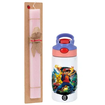 Ash Ketchum & Pikachu, Πασχαλινή Λαμπάδα με Παιδικό παγούρι θερμό, ανοξείδωτο, με καλαμάκι ασφαλείας, ροζ/μωβ (350ml) & κερί αρωματικό πλακέ (30cm) (ΡΟΖ)