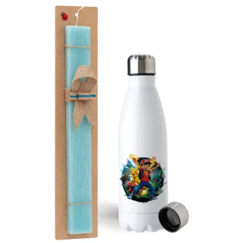 Ash Ketchum & Pikachu, Easter Set, metallic stainless steel water bottle (750ml) & aromatic flat Easter candle (30cm) (TURQUOISE)