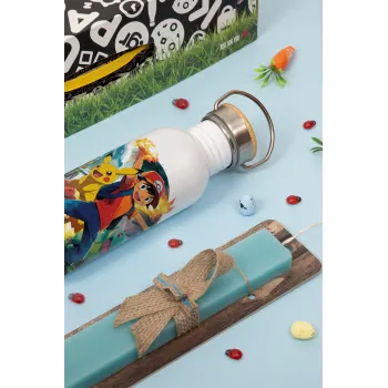Ash Ketchum & Pikachu, Easter Set, metallic silver aluminum water bottle (500ml) & scented flat Easter candle (30cm) (TURQUOISE)
