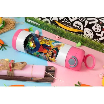 Ash Ketchum & Pikachu, Easter candle, Childrens hot water bottle, stainless steel, with safety straw, PINK (500ml)