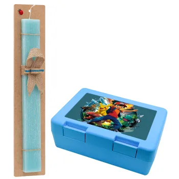 Ash Ketchum & Pikachu, Easter Set, children's snack container BLUE & Easter aromatic flat candle (30cm) (TURQUOISE)