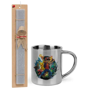 Ash Ketchum & Pikachu, Easter Set, metallic thermal cup (300ml) & Easter aromatic flat candle (30cm) (GRAY)
