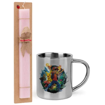 Ash Ketchum & Pikachu, Easter Set, metallic thermal cup (300ml) & aromatic flat Easter candle (30cm) (PINK)