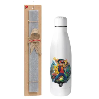 Ash Ketchum & Pikachu, Easter Set, metallic stainless thermos bottle (500ml) & scented flat Easter candle (30cm) (GRAY)