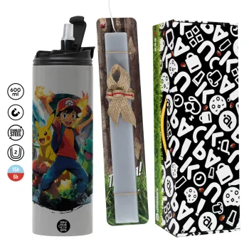Ash Ketchum & Pikachu, Easter candle with Grey Tumbler Thermo 600ml & aromatic flat candle (30cm) (GREY)