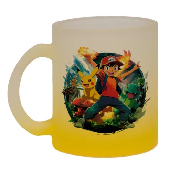 Ash Ketchum & Pikachu, Κούπα γυάλινη δίχρωμη με βάση το κίτρινο ματ, 330ml