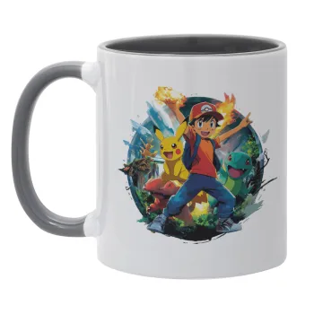 Ash Ketchum & Pikachu, Κούπα χρωματιστή γκρι, κεραμική, 330ml