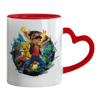 Ash Ketchum & Pikachu, Κούπα καρδιά χερούλι κόκκινη, κεραμική, 330ml