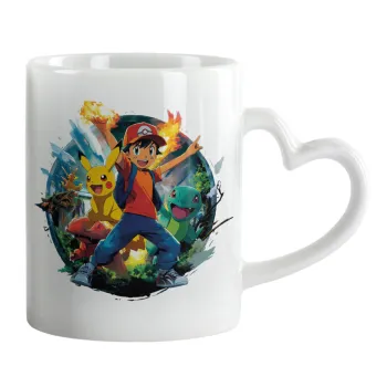 Ash Ketchum & Pikachu, Κούπα καρδιά χερούλι λευκή, κεραμική, 330ml