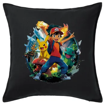 Ash Ketchum & Pikachu, Sofa cushion black 50x50cm includes filling