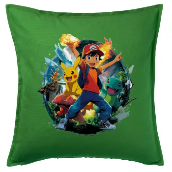 Ash Ketchum & Pikachu, Μαξιλάρι καναπέ Πράσινο 100% βαμβάκι, περιέχεται το γέμισμα (50x50cm)