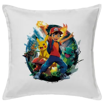 Ash Ketchum & Pikachu, Μαξιλάρι καναπέ ΛΕΥΚΟ 100% βαμβάκι, περιέχεται το γέμισμα (50x50cm)
