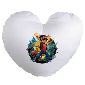 Ash Ketchum & Pikachu, Μαξιλάρι καναπέ καρδιά 40x40cm περιέχεται το  γέμισμα