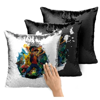 Ash Ketchum & Pikachu, Μαξιλάρι καναπέ Μαγικό Μαύρο με πούλιες 40x40cm περιέχεται το γέμισμα