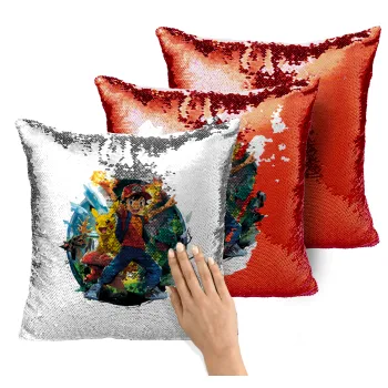 Ash Ketchum & Pikachu, Μαξιλάρι καναπέ Μαγικό Κόκκινο με πούλιες 40x40cm περιέχεται το γέμισμα