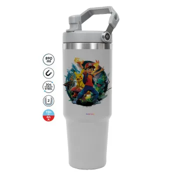 Ash Ketchum & Pikachu, ΓΚΡΙ χρώματος Θερμός Ανοξείδωτο 890ml (30oz) με χερούλι