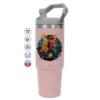 Ash Ketchum & Pikachu, ΡΟΖ χρώματος Θερμός Ανοξείδωτο 890ml (30oz) με χερούλι