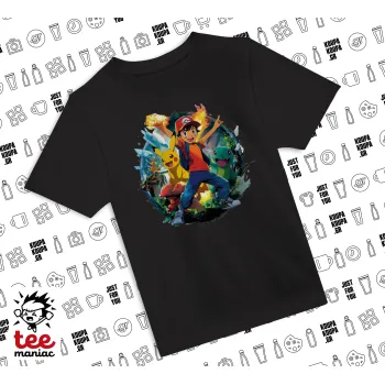 Ash Ketchum & Pikachu, Άνετο παιδικό T-Shirt ΜΑΥΡΟ από 100% βαμβάκι, για κάθε μέρα. Vegan & OEKO-TEX πιστοποιημένο.