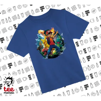 Ash Ketchum & Pikachu, Παιδικό T-Shirt ΜΠΛΕ από 100% βαμβάκι, για κάθε μέρα. Vegan & OEKO-TEX πιστοποιημένο.