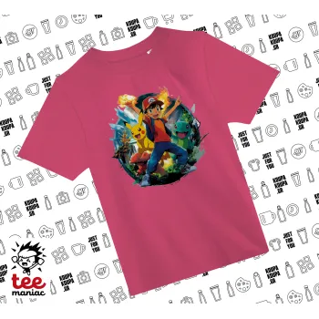 Ash Ketchum & Pikachu, ΡΟΖ παιδικό T-Shirt από 100% βαμβάκι, για κάθε μέρα. Vegan & OEKO-TEX πιστοποιημένο.