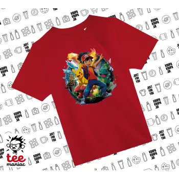 Ash Ketchum & Pikachu, Άνετο παιδικό T-Shirt ΚΟΚΚΙΝΟ από 100% βαμβάκι, για κάθε μέρα. Vegan & OEKO-TEX πιστοποιημένο.