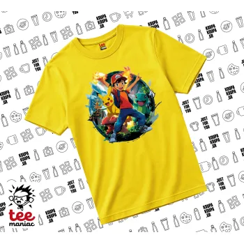 Ash Ketchum & Pikachu, yellow childrens T-Shirt made of 100% cotton, for every day. Vegan & OEKO-TEX certified.