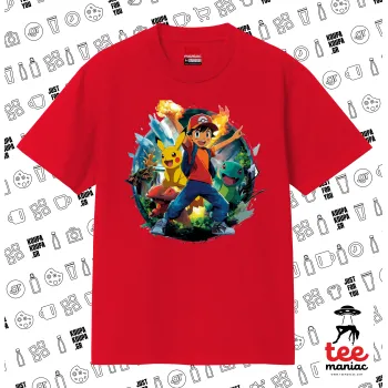 Ash Ketchum & Pikachu, Κλασικό T-Shirt, διπλής ραφής, χωρίς πλευρικές ραφές ΚΟΚΚΙΝΟ από 100% βαμβάκι. Vegan & OEKO-TEX πιστοποιημένο.