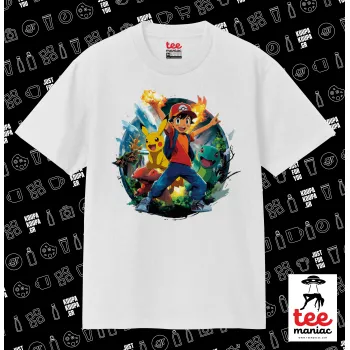 Ash Ketchum & Pikachu, Κλασικό T-Shirt, διπλής ραφής, χωρίς πλευρικές ραφές ΛΕΥΚΟ από 100% βαμβάκι. Vegan & OEKO-TEX πιστοποιημένο.