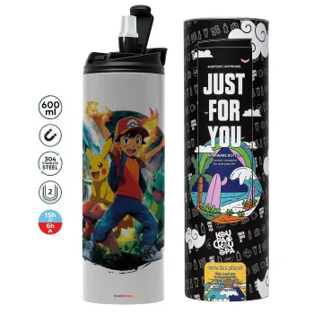 Ash Ketchum & Pikachu, Tumbler stainless steel GREY 600ml