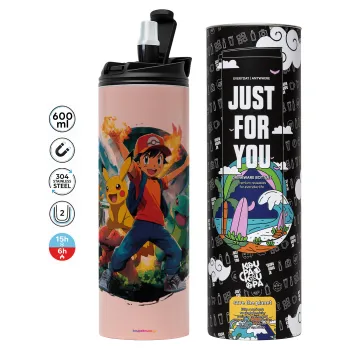 Ash Ketchum & Pikachu, Tumbler stainless steel PINK 600ml