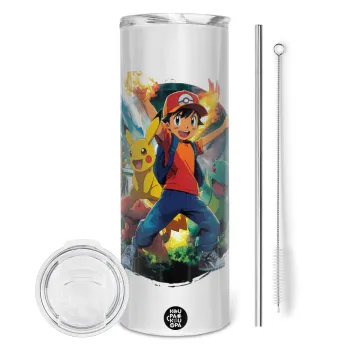 Ash Ketchum & Pikachu, Tumbler ποτήρι θερμό από ανοξείδωτο ατσάλι 600ml, με μεταλλικό καλαμάκι & βούρτσα καθαρισμού