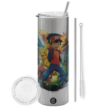 Ash Ketchum & Pikachu, Tumbler ποτήρι θερμό Ασημένιο από ανοξείδωτο ατσάλι 600ml, με μεταλλικό καλαμάκι & βούρτσα καθαρισμού
