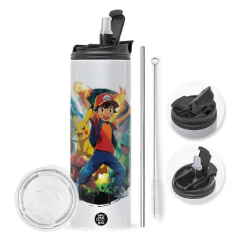 Ash Ketchum & Pikachu, Travel Tumbler θερμό με διπλό καπάκι, μεταλλικό καλαμάκι και βούρτσα καθαρισμού (Ανωξείδωτο 304 Food grade, BPA free, 600ml)