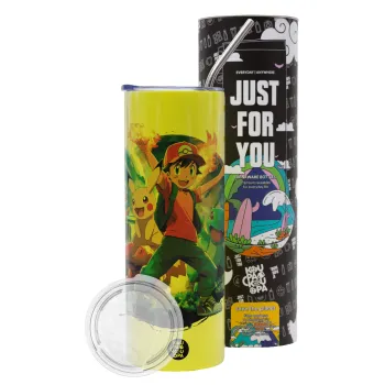 Ash Ketchum & Pikachu, Neon Yellow Travel Tumbler θερμό, μεταλλικό καλαμάκι(Ανωξείδωτο 304 Food grade, BPA free, 600ml)