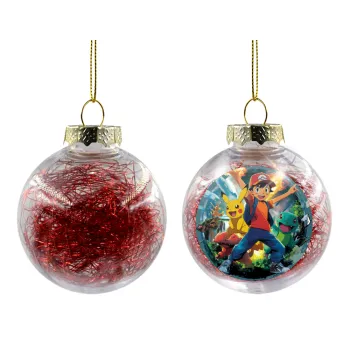 Ash Ketchum & Pikachu, Transparent Christmas tree ball ornament with red filling 8cm