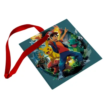 Ash Ketchum & Pikachu, Christmas ornament, glass square ornament 9x9cm