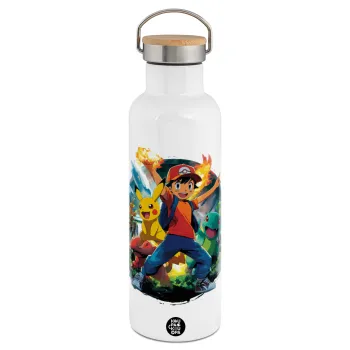 Ash Ketchum & Pikachu, Stainless steel White with wooden lid (bamboo), double wall, 750ml