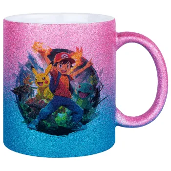 Ash Ketchum & Pikachu, Κούπα Χρυσή/Μπλε Glitter, κεραμική, 330ml