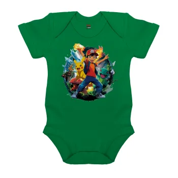 Ash Ketchum & Pikachu, Βρεφικό φορμάκι μωρού, ΠΡΑΣΙΝΟ, 100% Organic Cotton, κοντομάνικο