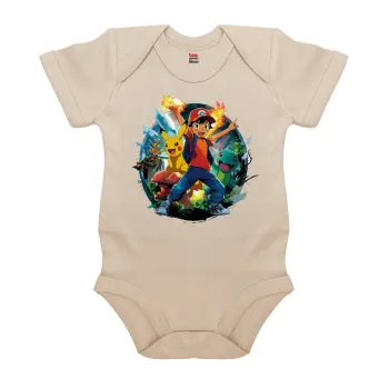 Ash Ketchum & Pikachu, Βρεφικό φορμάκι μωρού, 0-18 μηνών, Natural (Εκρού), 100% Organic Cotton, κοντομάνικο